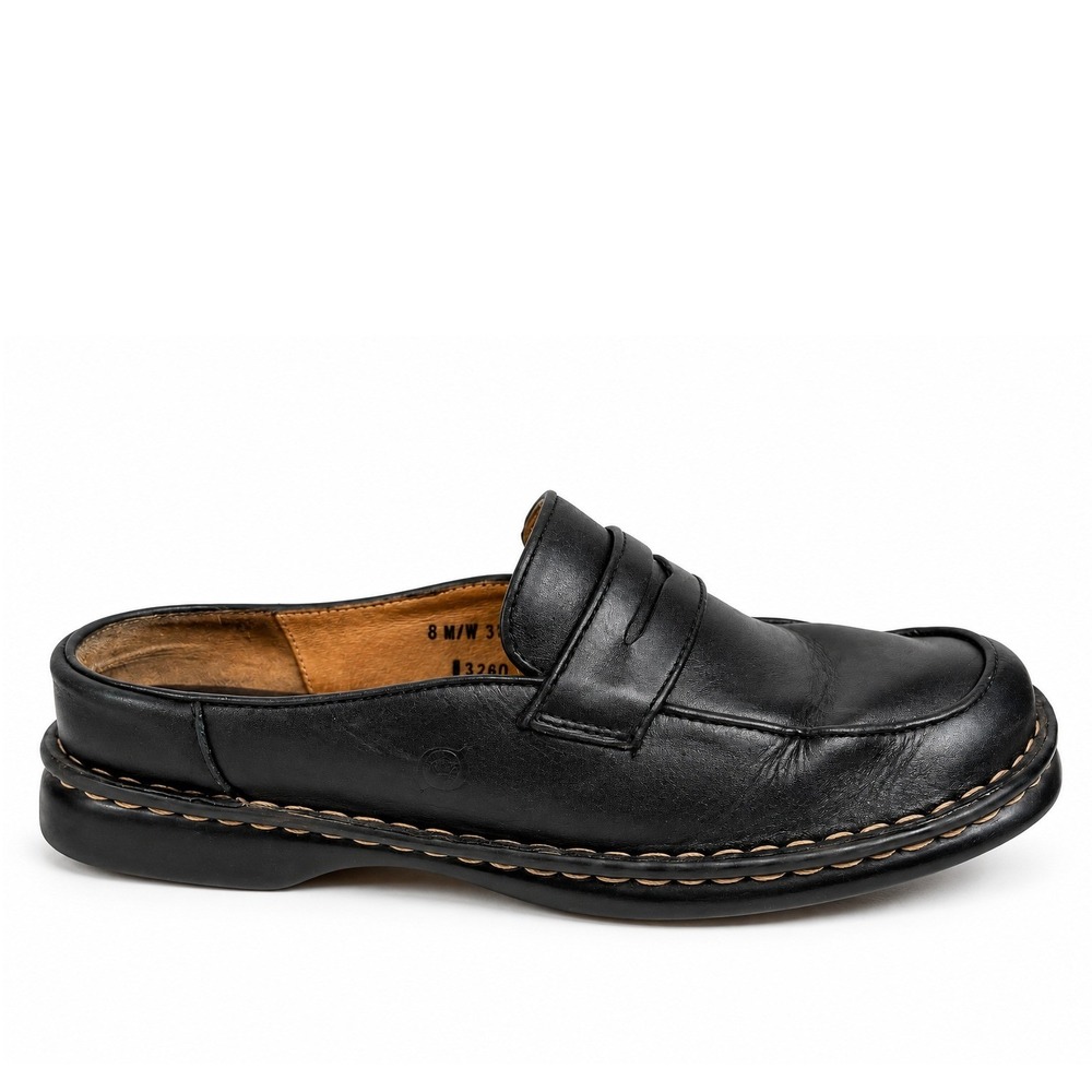 Born 8 Mules Black Leather Penny Loafer Slip On Hand Stitched B3280 Flat Shoes
